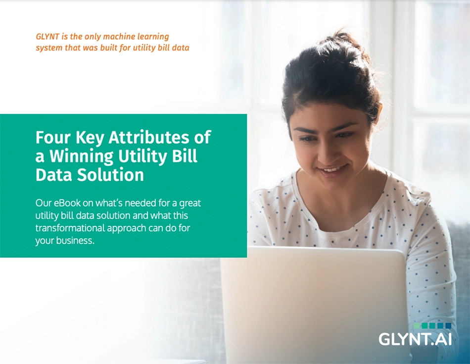 A woman smiles at her laptop. The text reads, "Four Key Attributes of a Winning Utility Bill Data Solution"