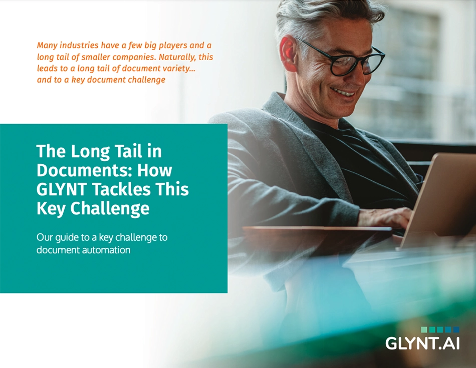 A man smiles at his laptop. The text reads, "The Long Tail in Documents: How GLYNT Tackles this Key Challenge"