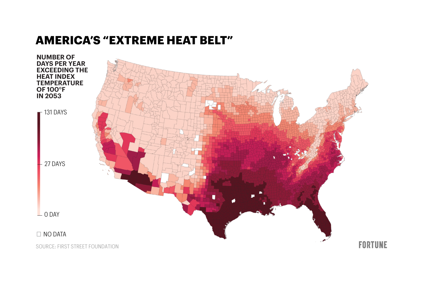 Map shows the number of days per year exceeding 100F heat index in 2053