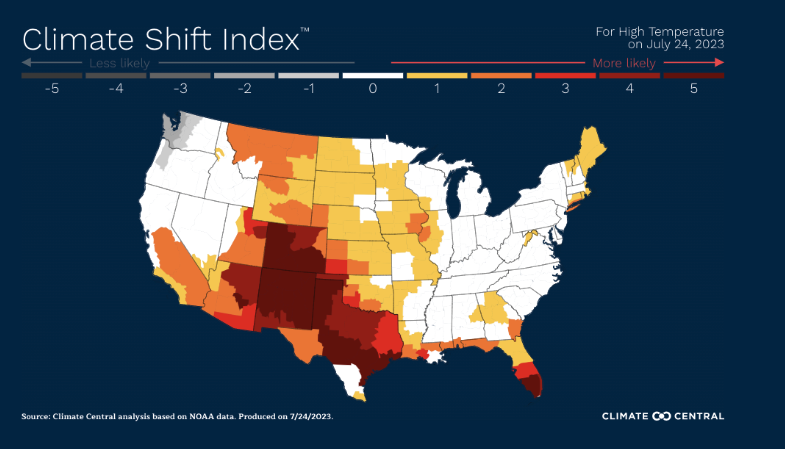 A screenshot of the Climate Shift Index map on climatecentral.org