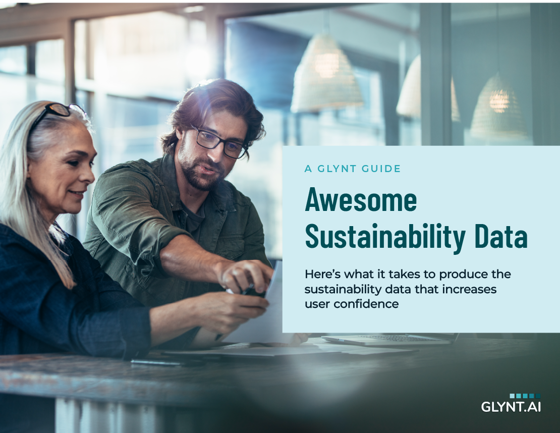 A bearded man looks thoughtfully at a laptop. Text reads, "The CFOs Guide to Sustainability Data"