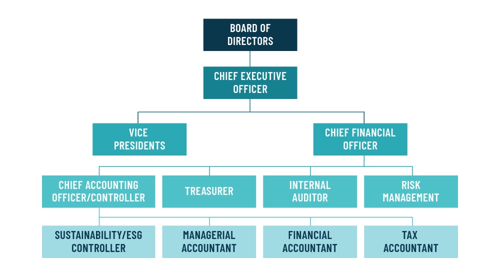 An org chart showing at the top the Board of Directors, below is the CEO, below that is Vice Presidents and Chief Financial Officers, and in the lowest row the Sustainability/ESG Controller