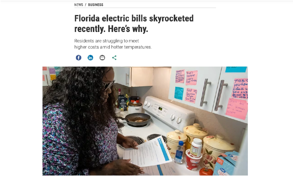 Tampa Bay Times article: Florida electric bills skyrockets recently, here's why