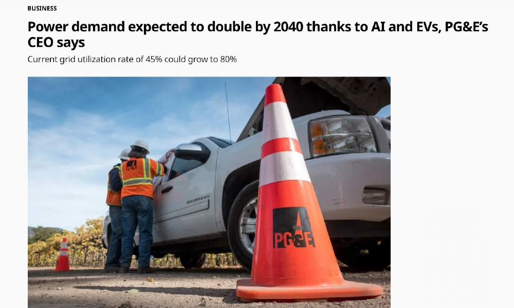 Article screenshot from Bloomberg: Power demand expected to double by 2040 thanks to AI and EV's, PG&E's CEO says