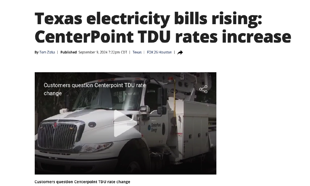 Article screenshot from Fox News: Texas electricity rising: CenterPoint TDU rates increase