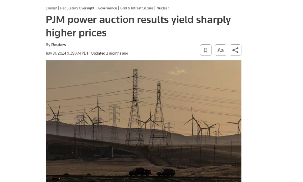 Article screenshot of Reuters: PJM power auction results yield sharply higher prices