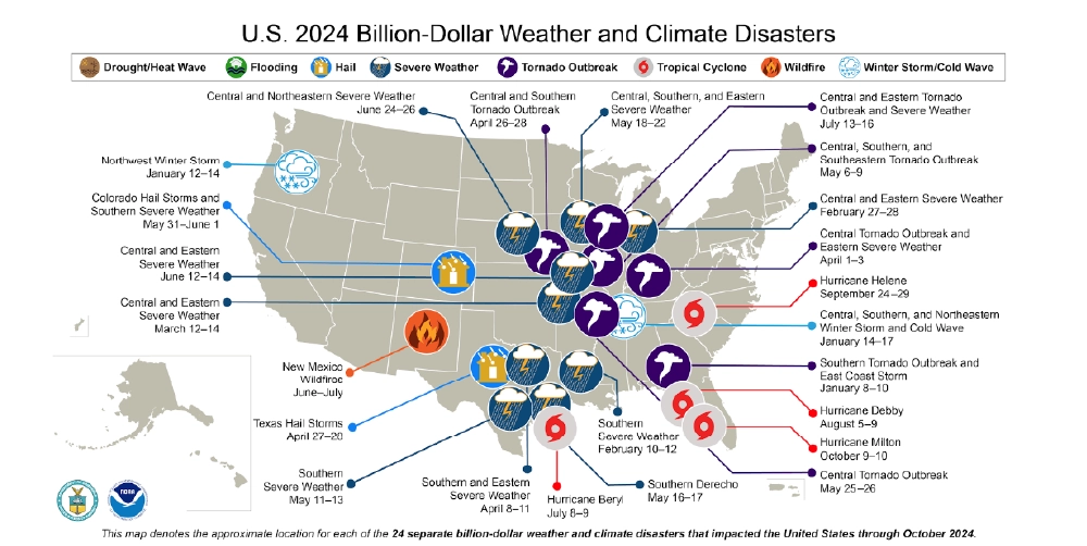 A map of the US showing 2024 billion-dollar weather and climate disasters 