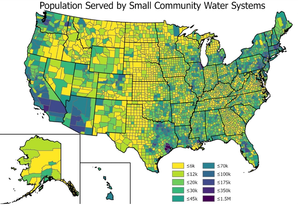 Map of the US showing the large number of water utilities serving the states