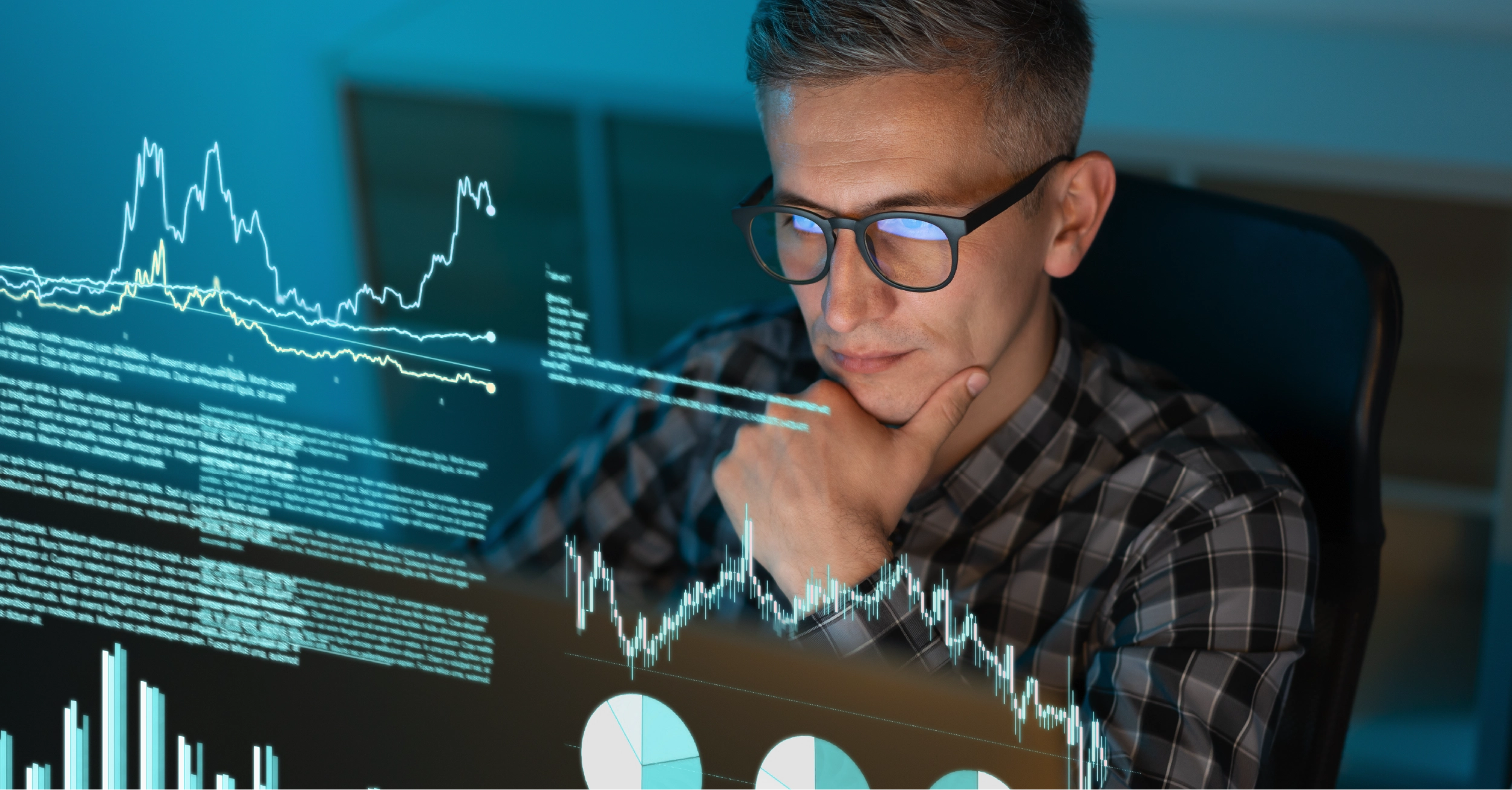 GLYNT_Blog_5KeySustainabilityDataTrendsfor2026_Tiles-02 A man looks at a computer screen, we can see through the screen to brightly lit graphical displays