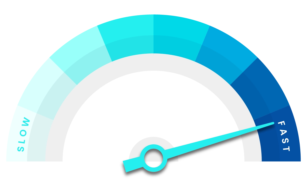 A speedometer with the dial pointing at the far right side that reads Fast