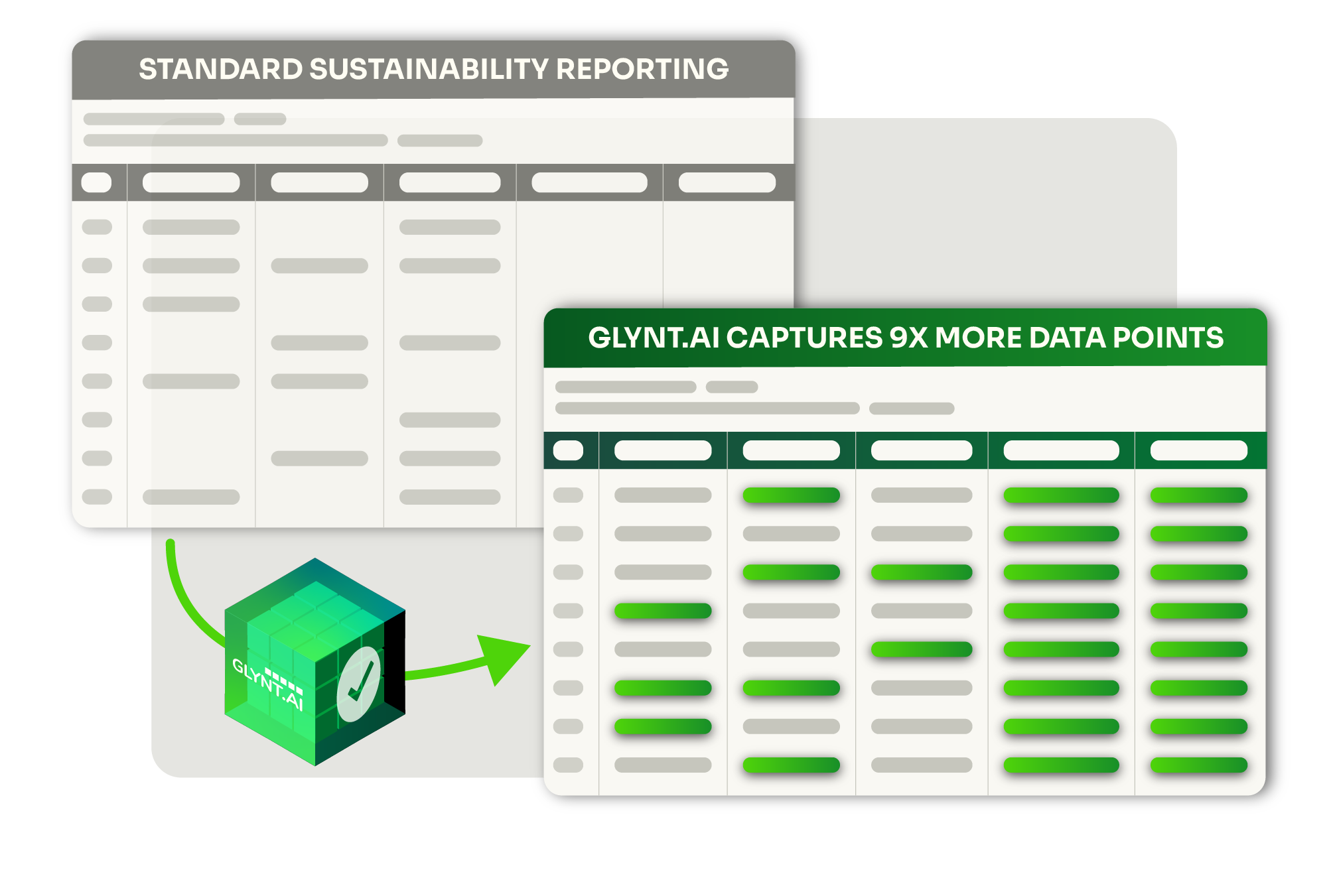 A comparison of two spreadsheets - the GLYNT.AI supported sheet has much more data