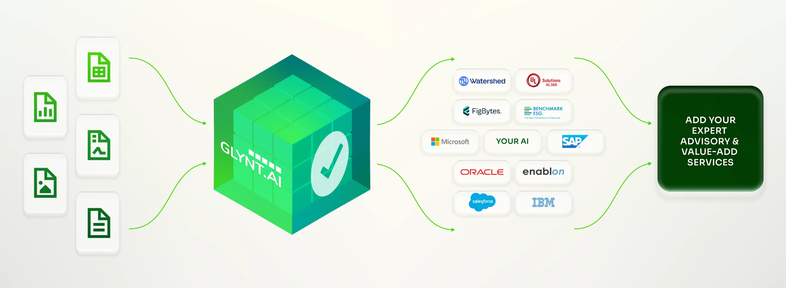 Diagram: raw data files flow into GLYNT.AI for validation, then into platforms such as Microsoft, SAP, Salesforce and Watershed, ready for your expert advisory and value-add services.